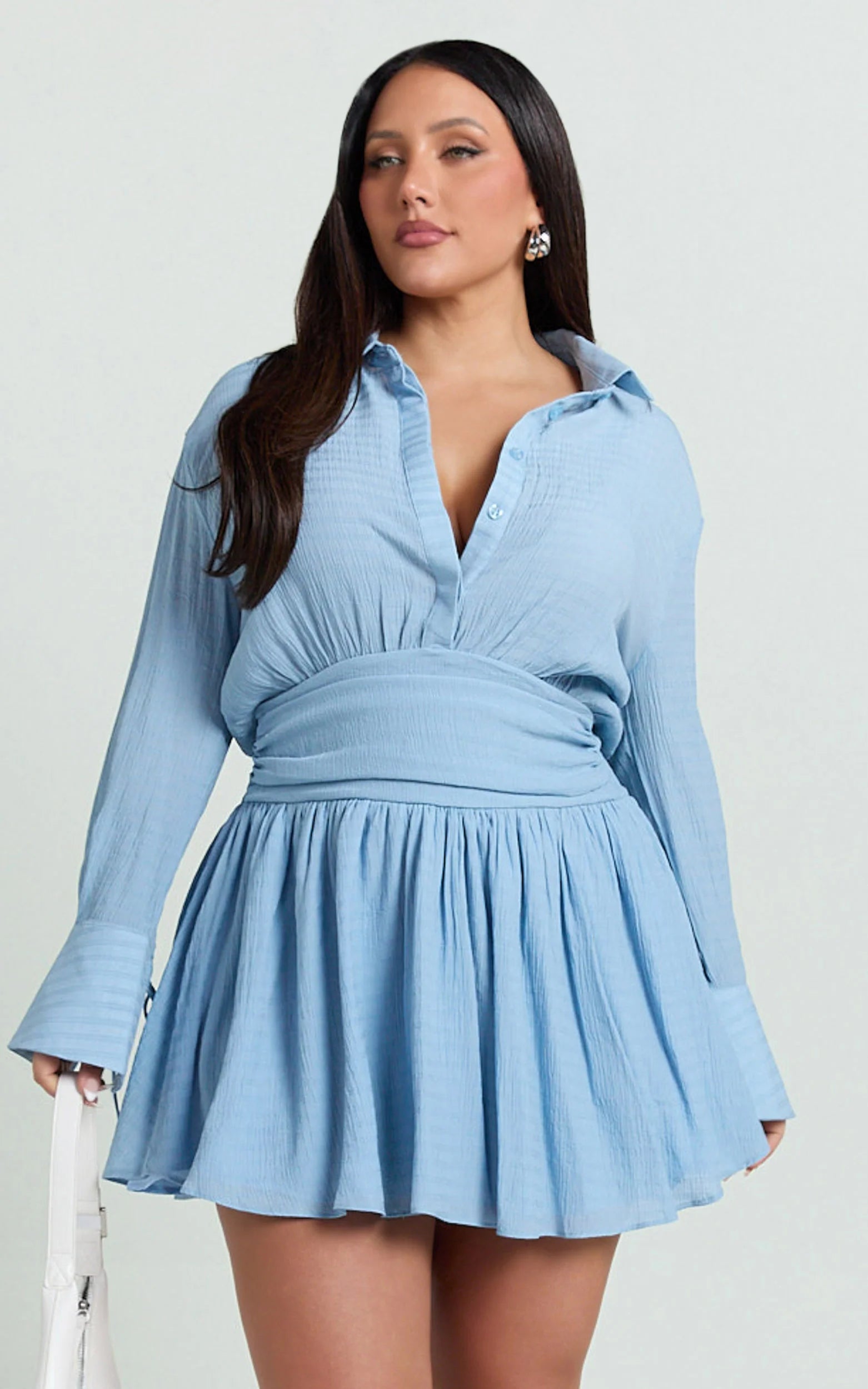 Collared Long Sleeve Waist Shirt Dress in Pale Blue
