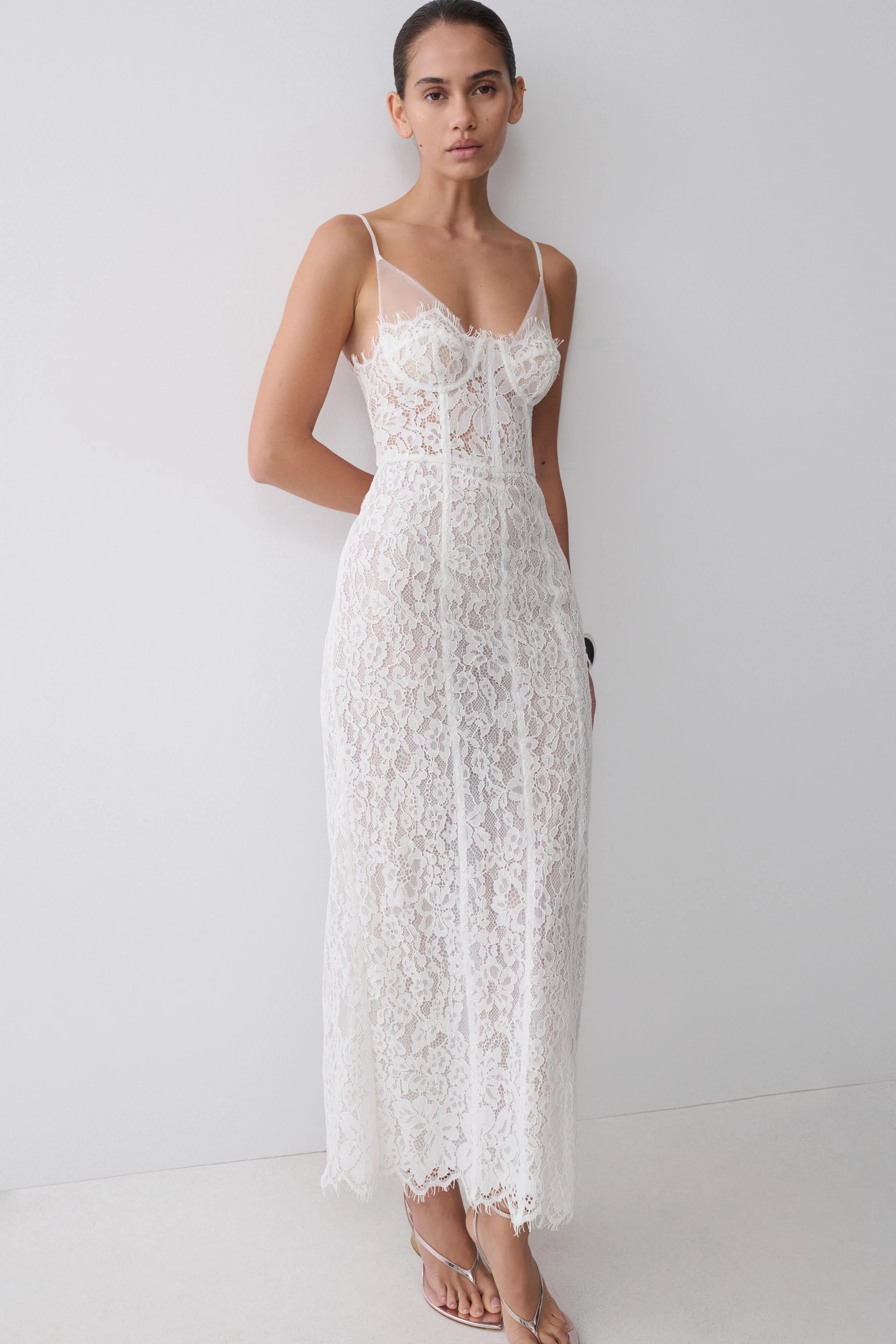 Ottilie Lace And Mesh Midi Dress - White