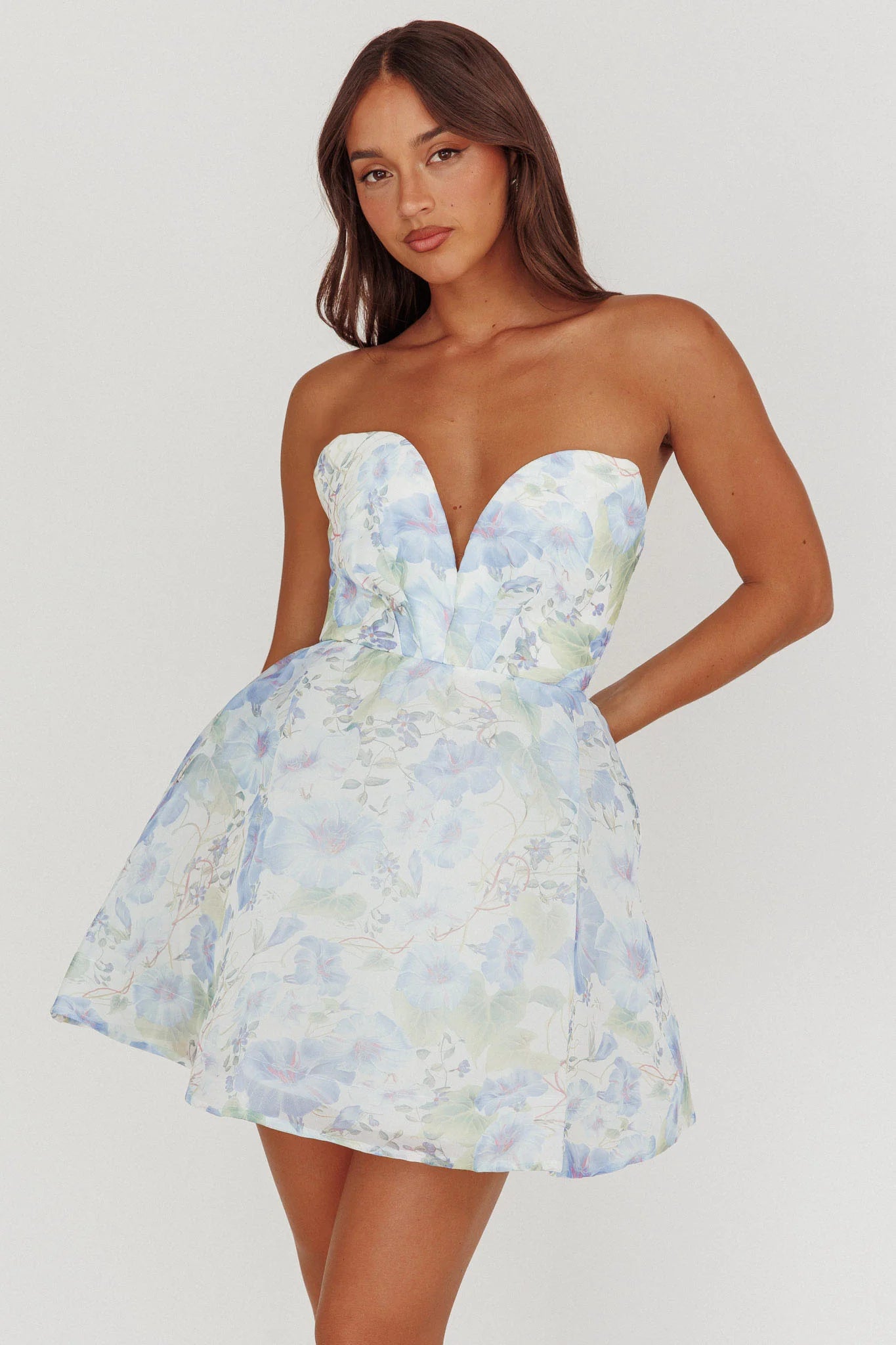 Gem Deep Sweetheart Neckline Mini Dress Floral Blue