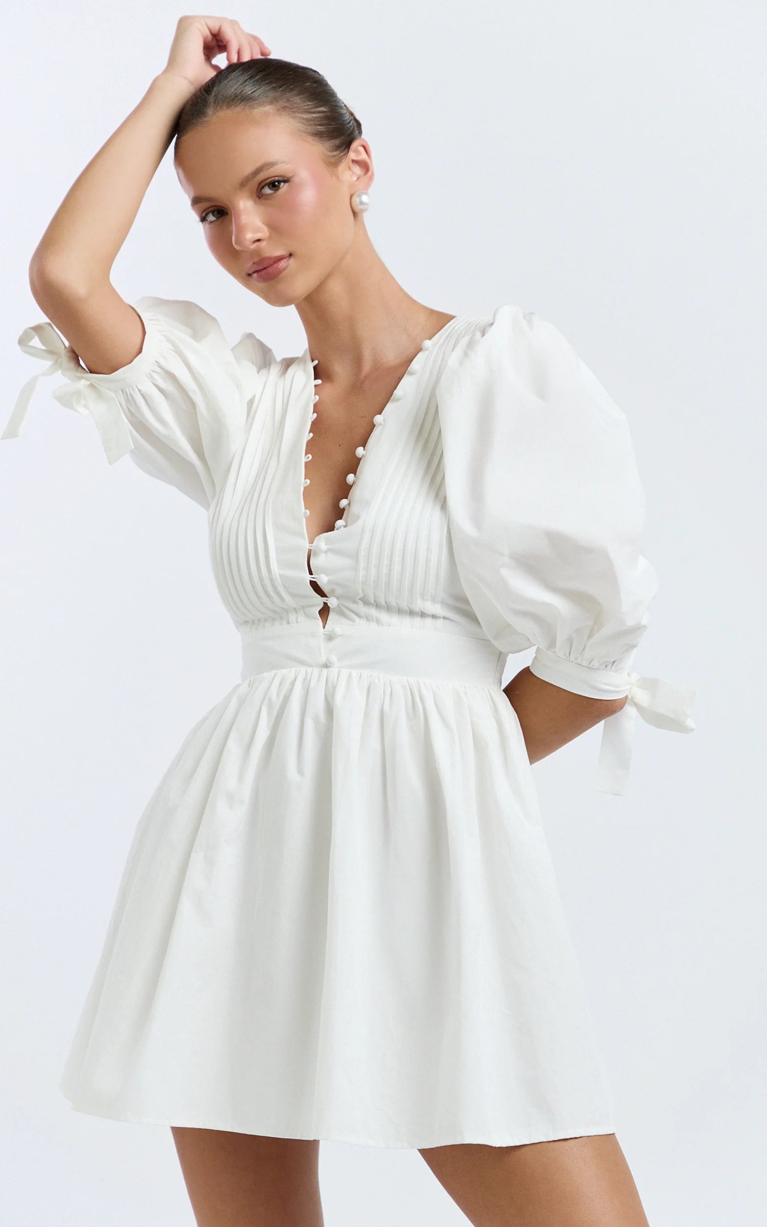 Puff Sleeve Poplin Dress in White