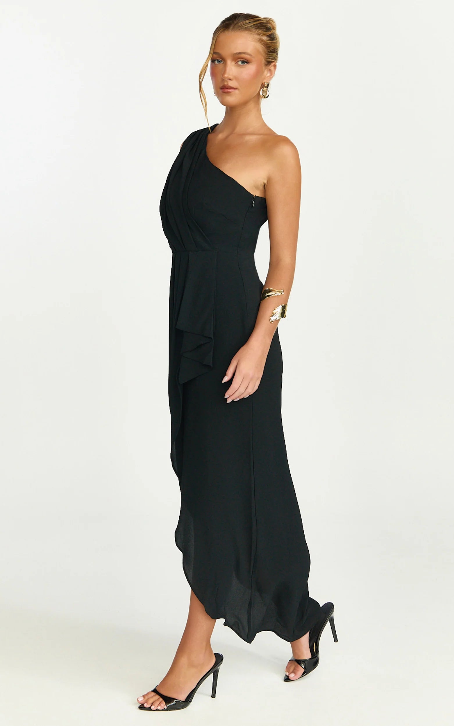 Faux Wrap One Shoulder Dress in Black