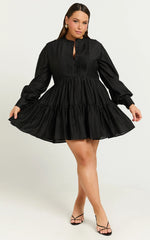 Pin Tuck Detail Tiered Shirt Dress in Black